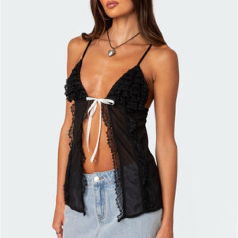 EDITKED Black Lace Sheer Lingerie with White Bow